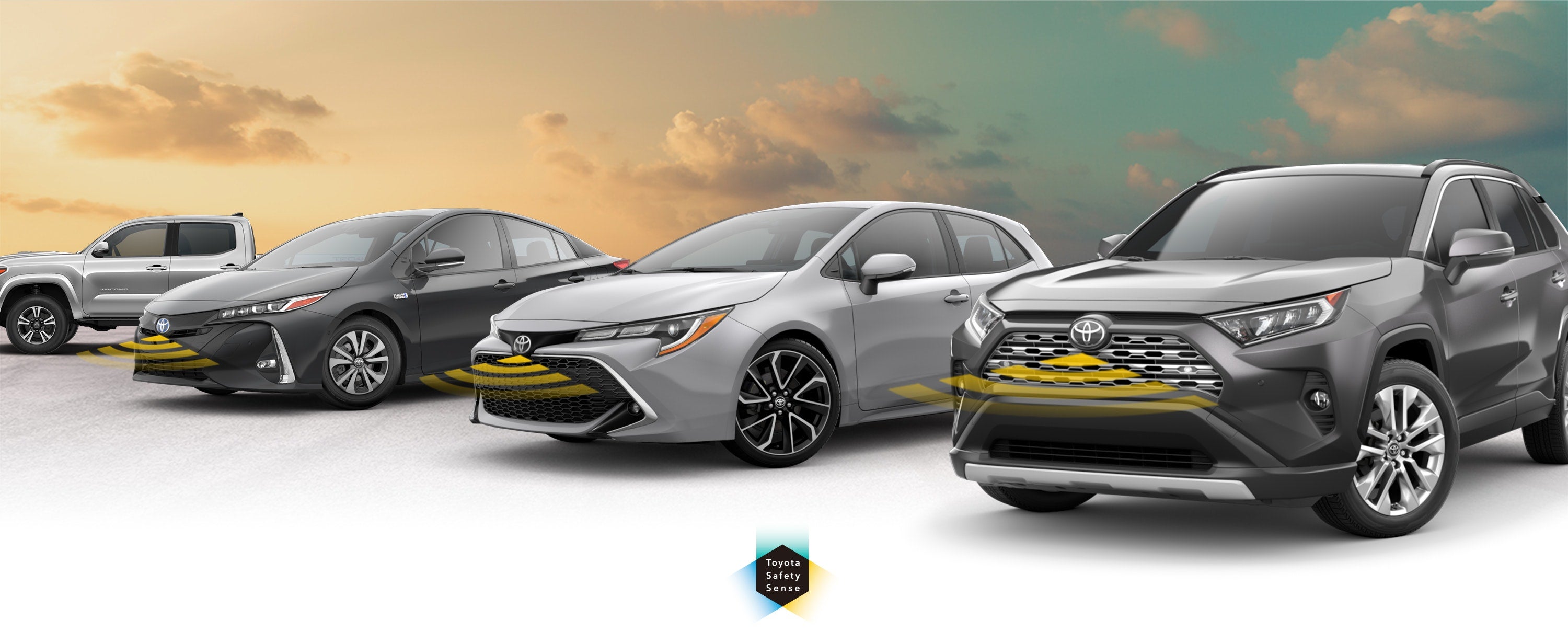 Toyota Safety Sense: Designed for Safety. Options shown on Toyota models including RAV4, Tacoma, and Camry, available now at DARCARS Toyota of Baltimore in Baltimore MD.