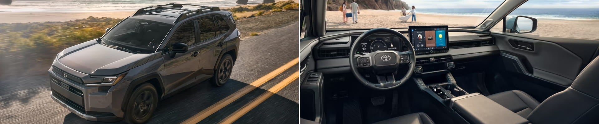 Toyota RAV4 driving along a coastal road beside a view of its interior cabin and touchscreen display.
