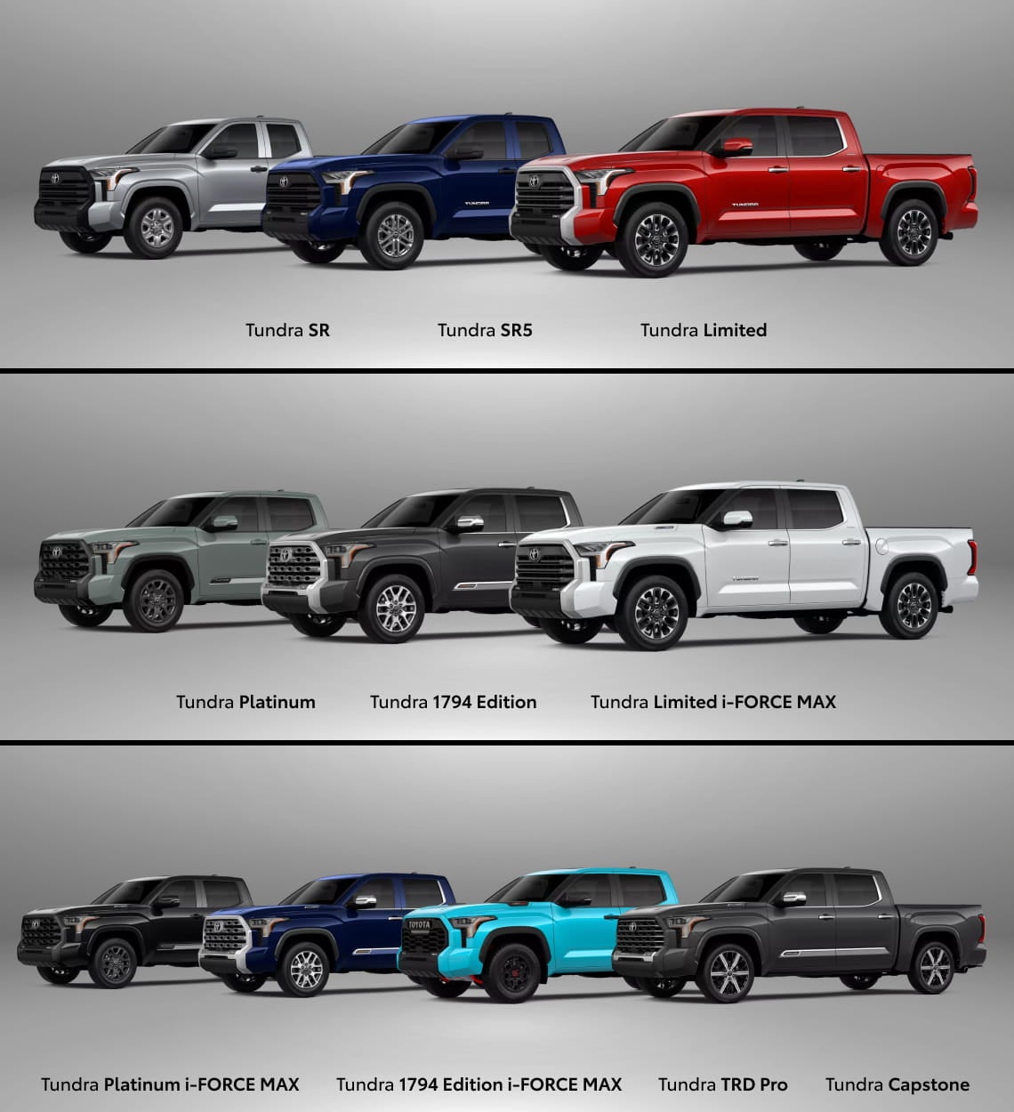 Lineup of the Toyota Tundra truck in different trims and colors, names of trims displayed below each truck.