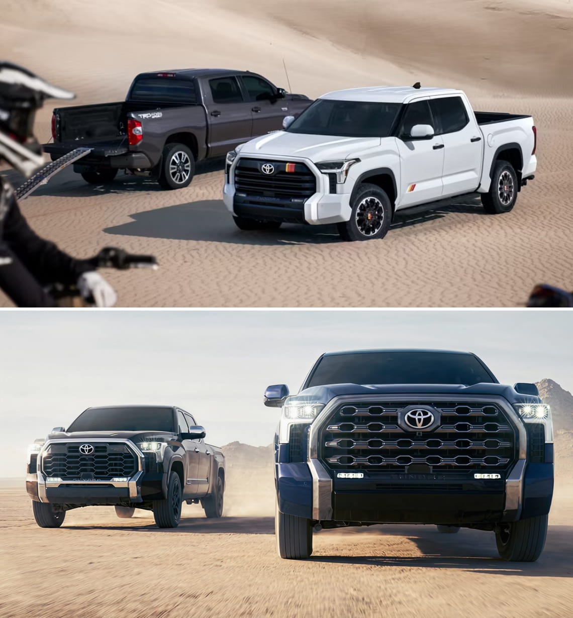 Top Image: SR5 CrewMax shown in Ice Cap with available TRD Rally Package. 2018 SR5 CrewMax shown in Magnetic Gray Metallic with available TRD Sport Package. Bottom Image: Platinum CrewMax shown in Blueprint. 1794 Edition CrewMax with TRD Off-Road Package shown in Midnight Black Metallic.